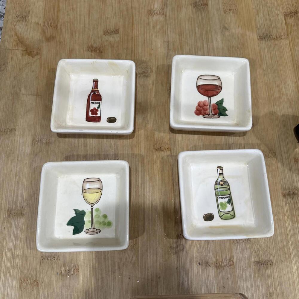 Set of 4 Nantucket Home 4" Side Dip Plates with 4 different Wine Design Motifs *